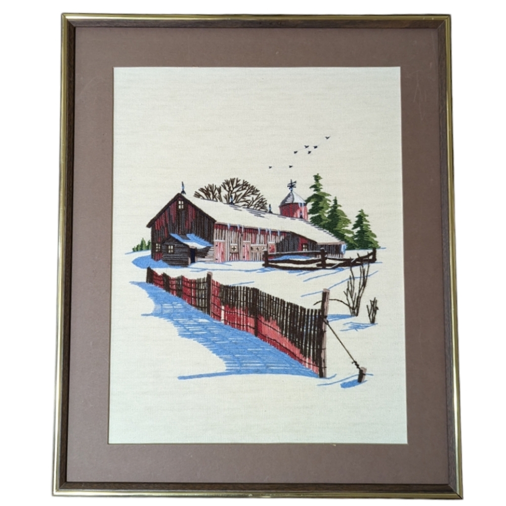 Vtg Framed Finished Paragon Crewel Embroidery Stitchery Winter Barn Silo Snow